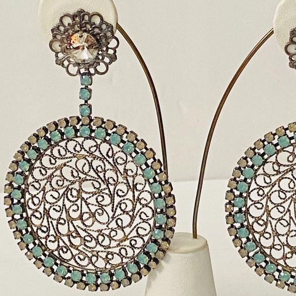 Vintage 1980's NIKOLAS FRANGOS Filigree Rhinestone OVERSIZED Clip On Earrings 4" - Picture 9 of 14